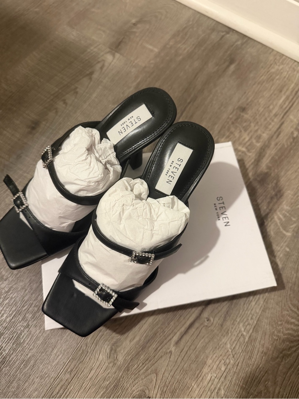 STEVEN by Steve Madden Black Rhinestone-Trim Slide Mules